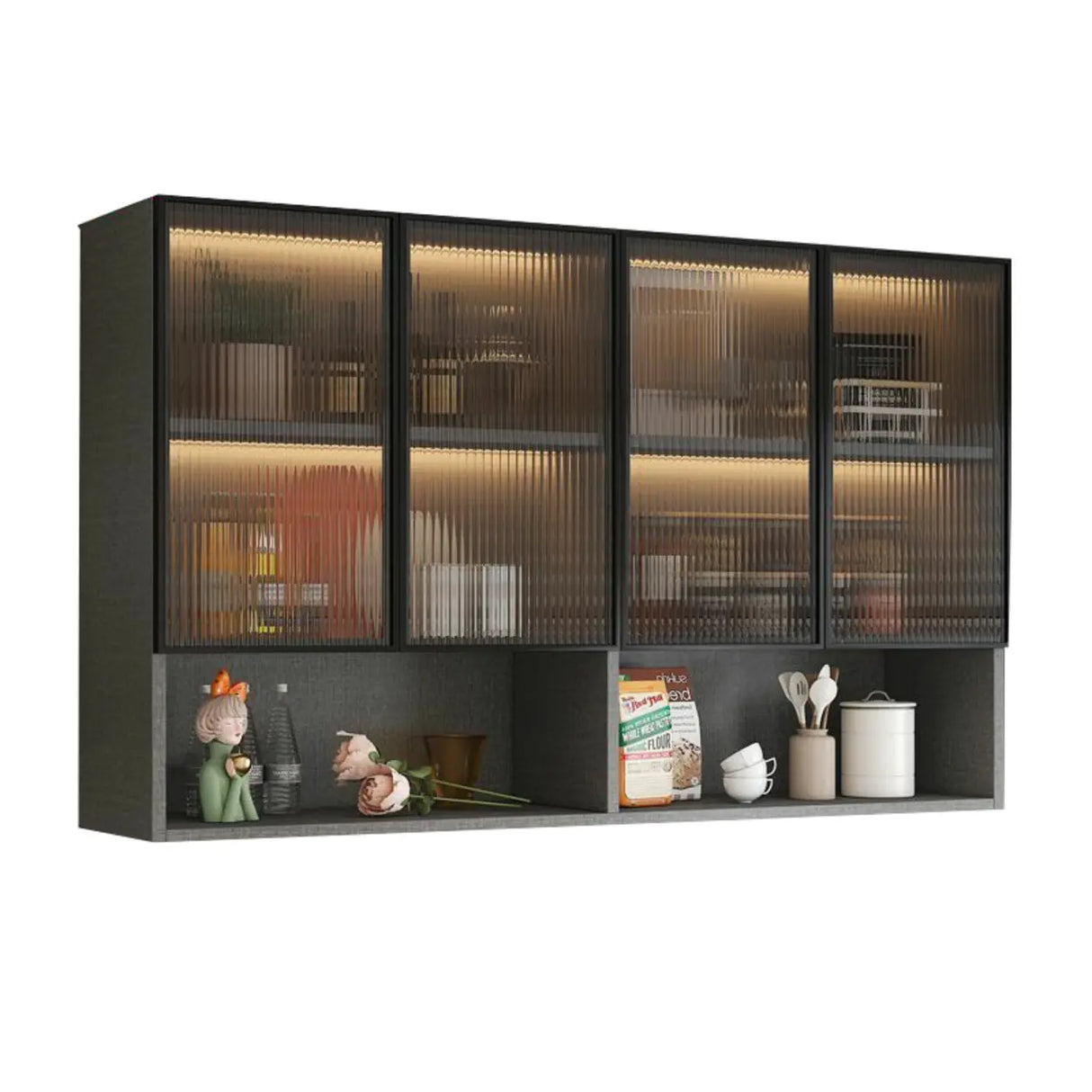 Black Wall Mounted Ribbed Glass Kitchen China Cabinet Image - 10