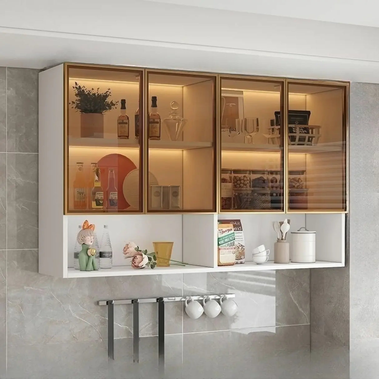 Black Wall Mounted Ribbed Glass Kitchen China Cabinet Image - 12