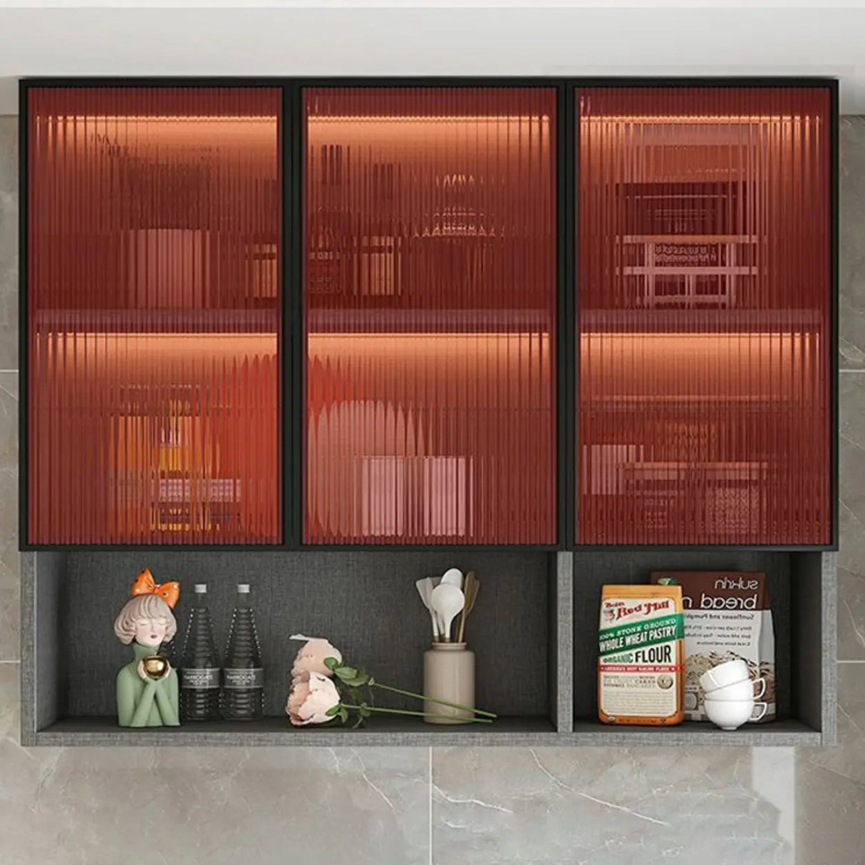 Black Wall Mounted Ribbed Glass Kitchen China Cabinet Image - 13