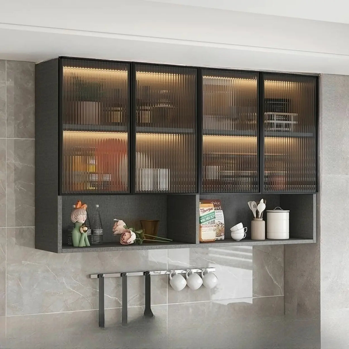 Black Wall Mounted Ribbed Glass Kitchen China Cabinet Image - 14