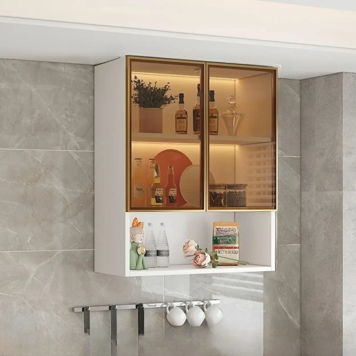 Black Wall Mounted Ribbed Glass Kitchen China Cabinet Image - 16