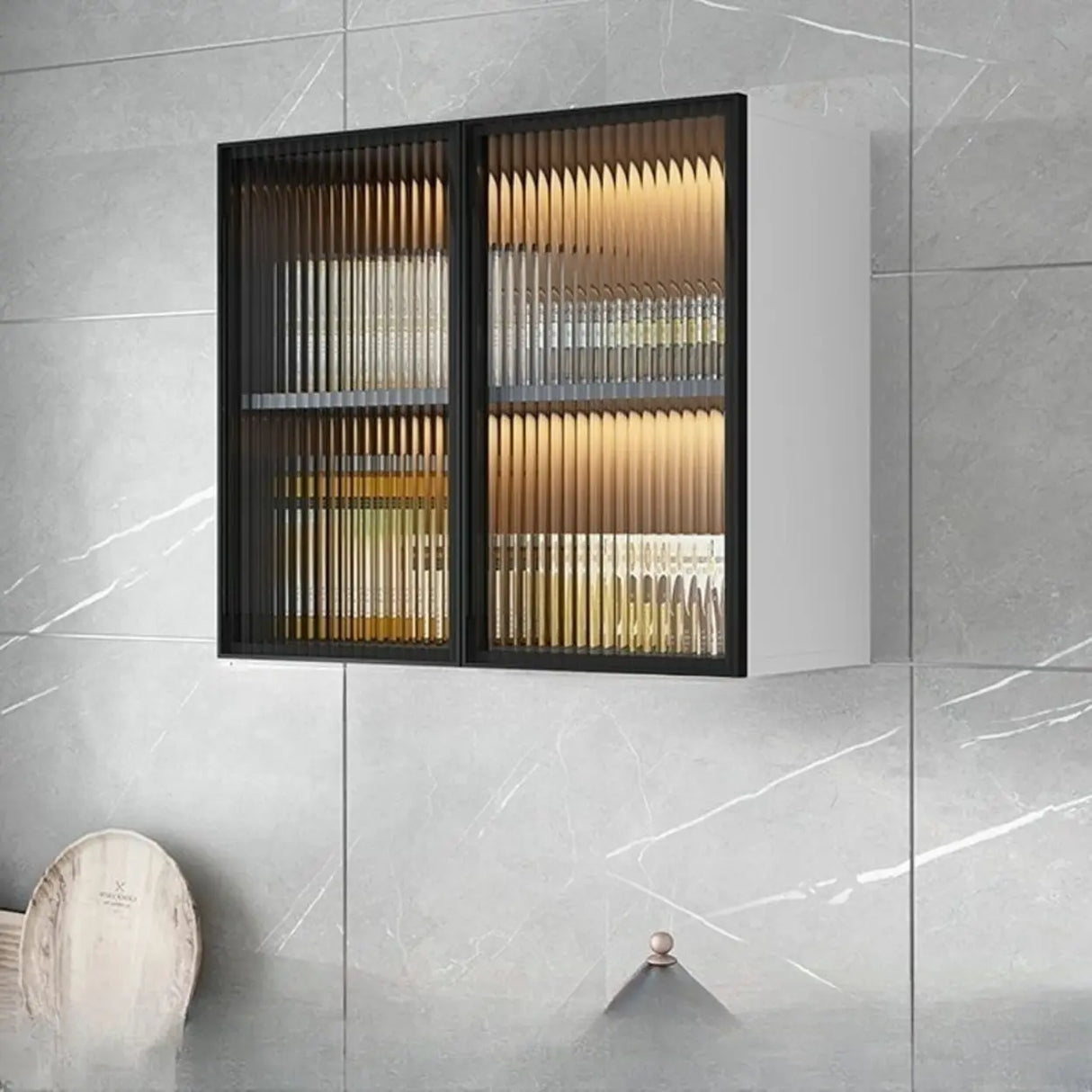 Black Wall Mounted Ribbed Glass Kitchen China Cabinet Image - 18