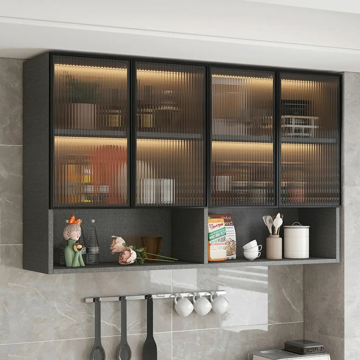 Black Wall Mounted Ribbed Glass Kitchen China Cabinet Image - 1