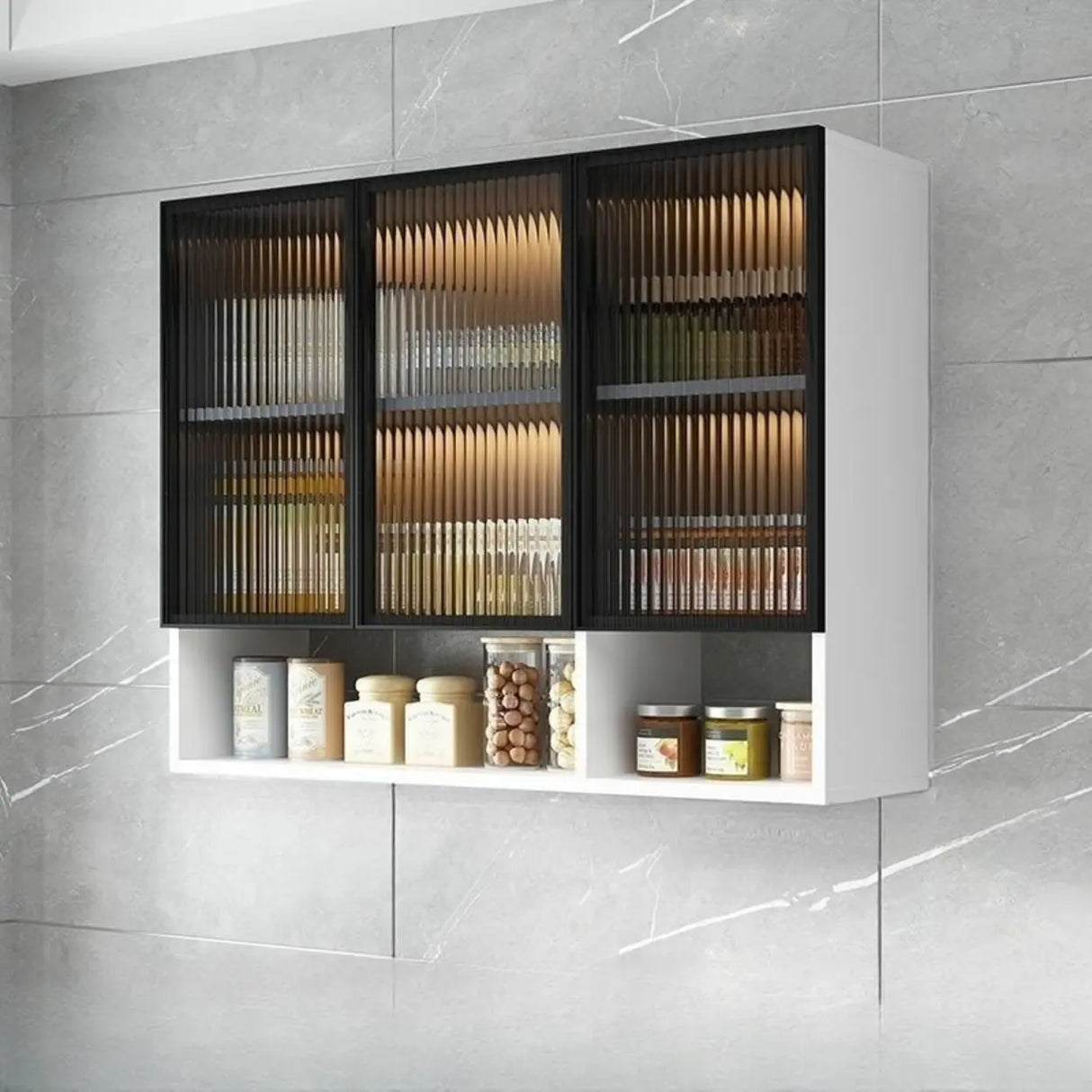Black Wall Mounted Ribbed Glass Kitchen China Cabinet Image - 20