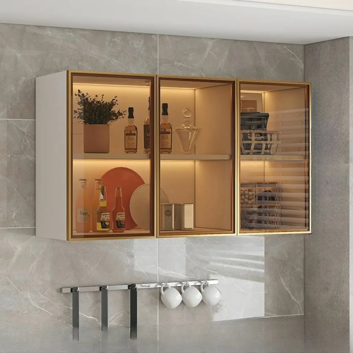 Black Wall Mounted Ribbed Glass Kitchen China Cabinet Image - 21