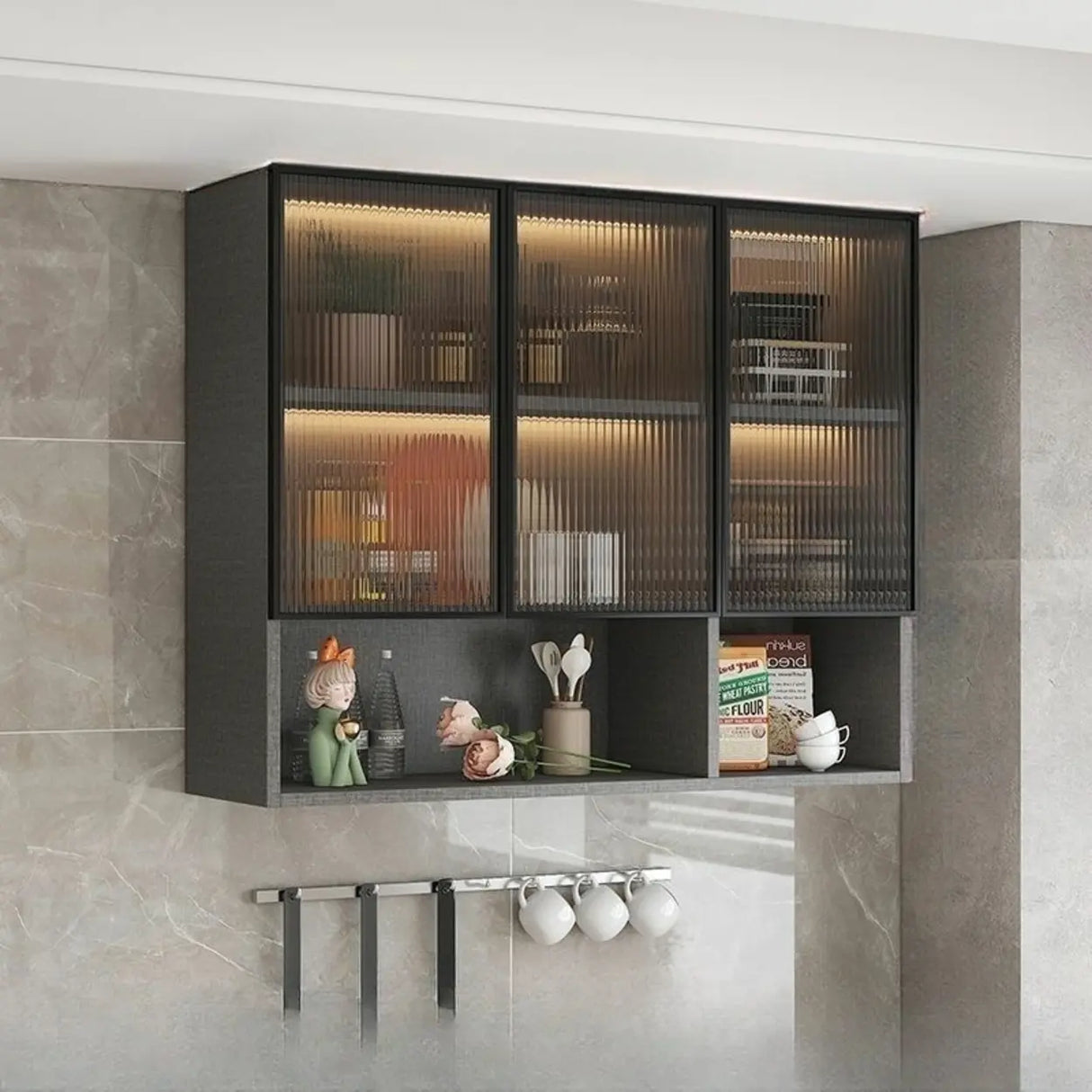 Black Wall Mounted Ribbed Glass Kitchen China Cabinet Image - 22