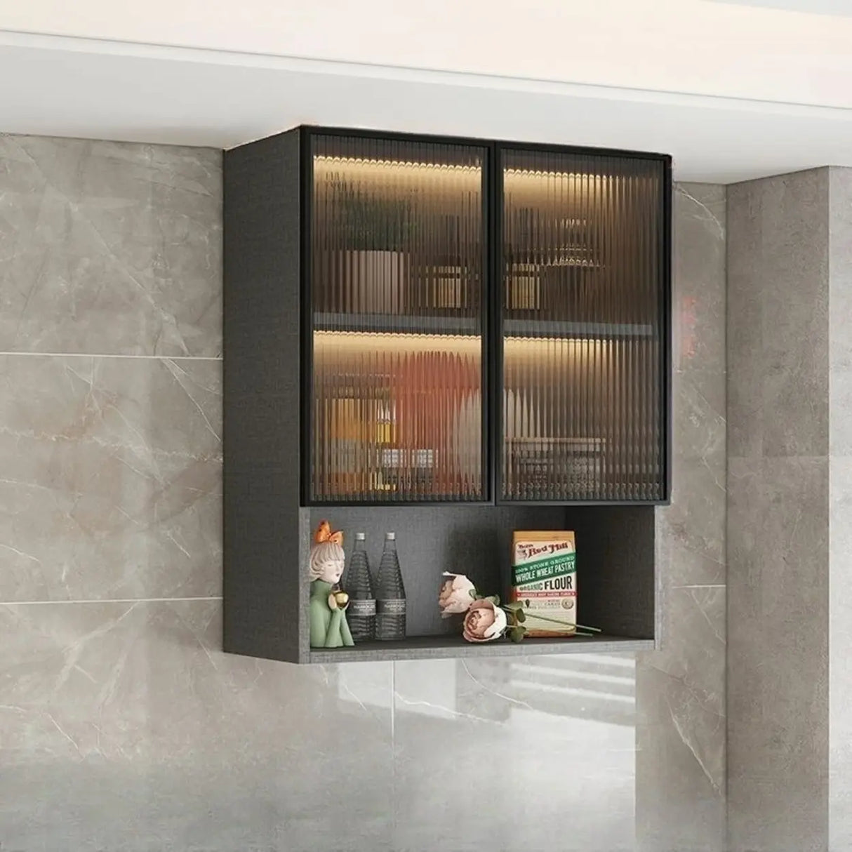 Black Wall Mounted Ribbed Glass Kitchen China Cabinet Image - 23