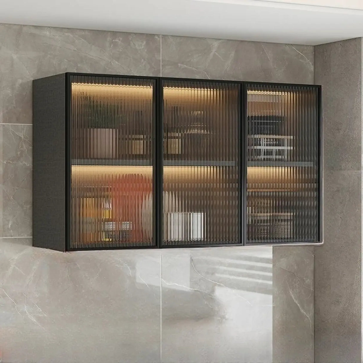 Black Wall Mounted Ribbed Glass Kitchen China Cabinet Image - 25