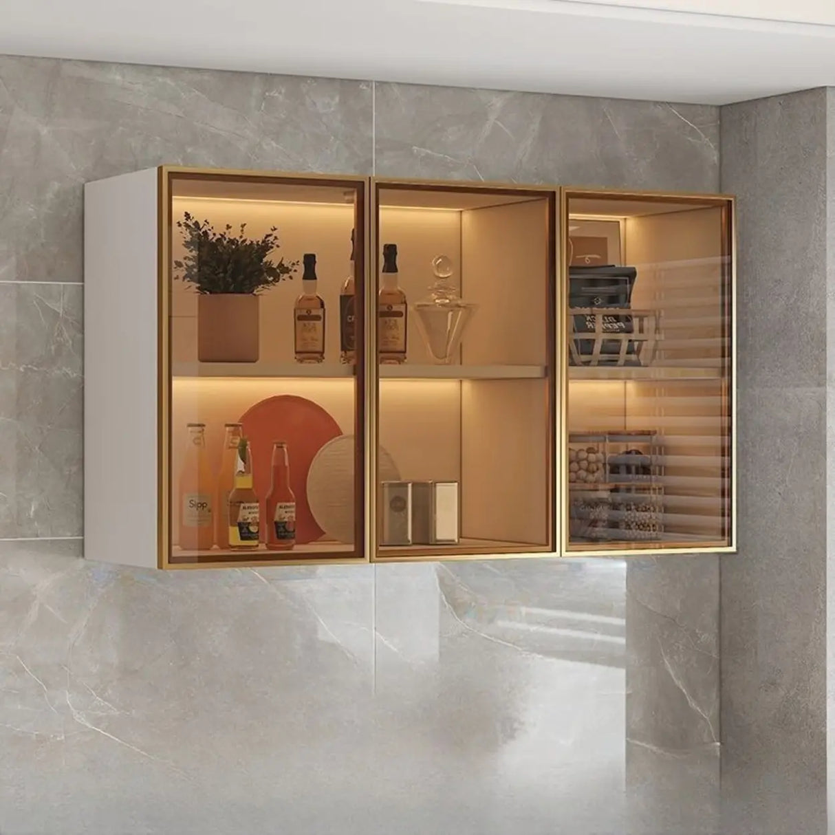 Black Wall Mounted Ribbed Glass Kitchen China Cabinet Image - 2