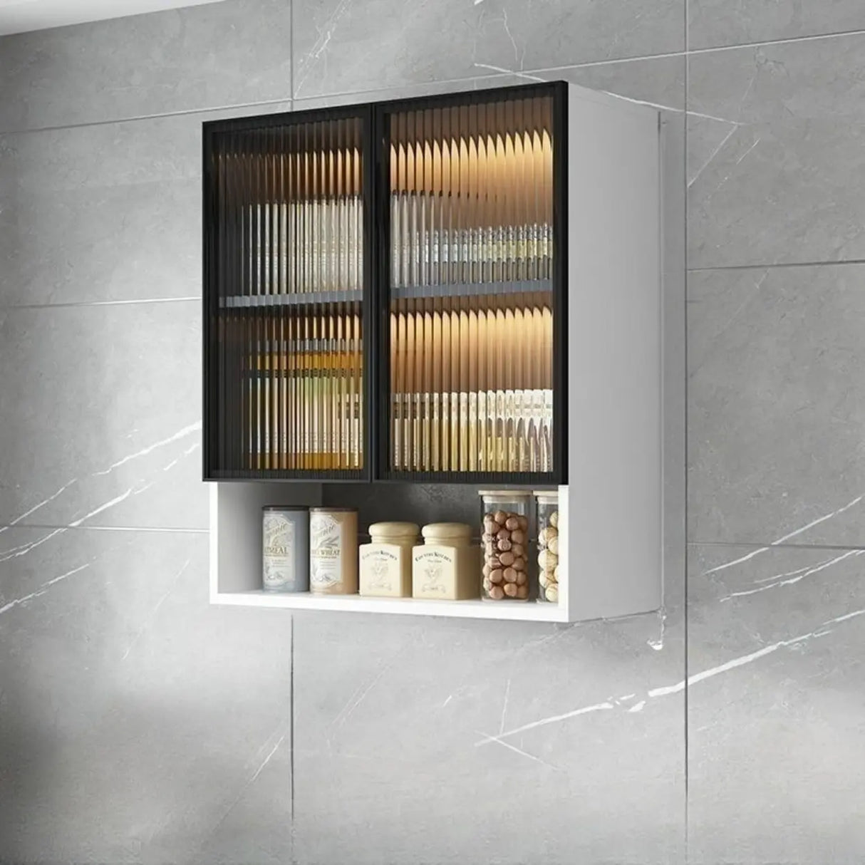 Black Wall Mounted Ribbed Glass Kitchen China Cabinet Image - 3