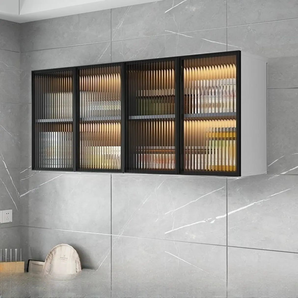 Black Wall Mounted Ribbed Glass Kitchen China Cabinet Image - 4