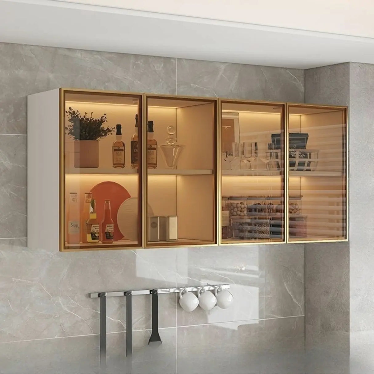 Black Wall Mounted Ribbed Glass Kitchen China Cabinet Image - 5