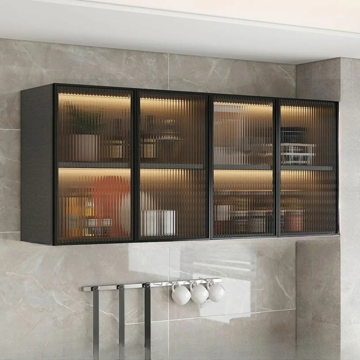 Black Wall Mounted Ribbed Glass Kitchen China Cabinet Image - 6