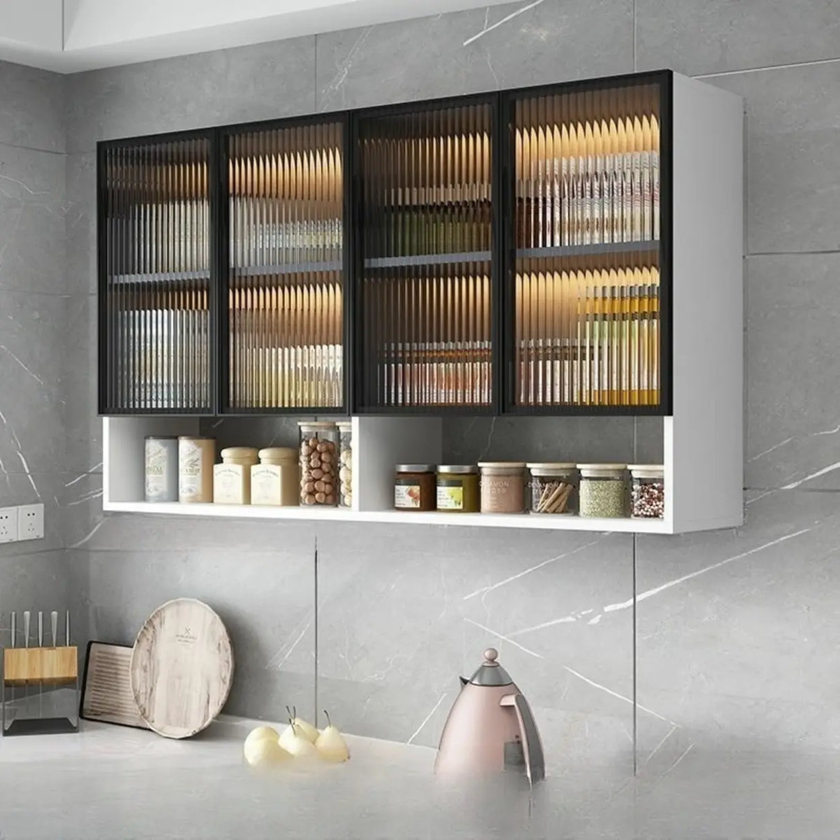 Black Wall Mounted Ribbed Glass Kitchen China Cabinet Image - 7