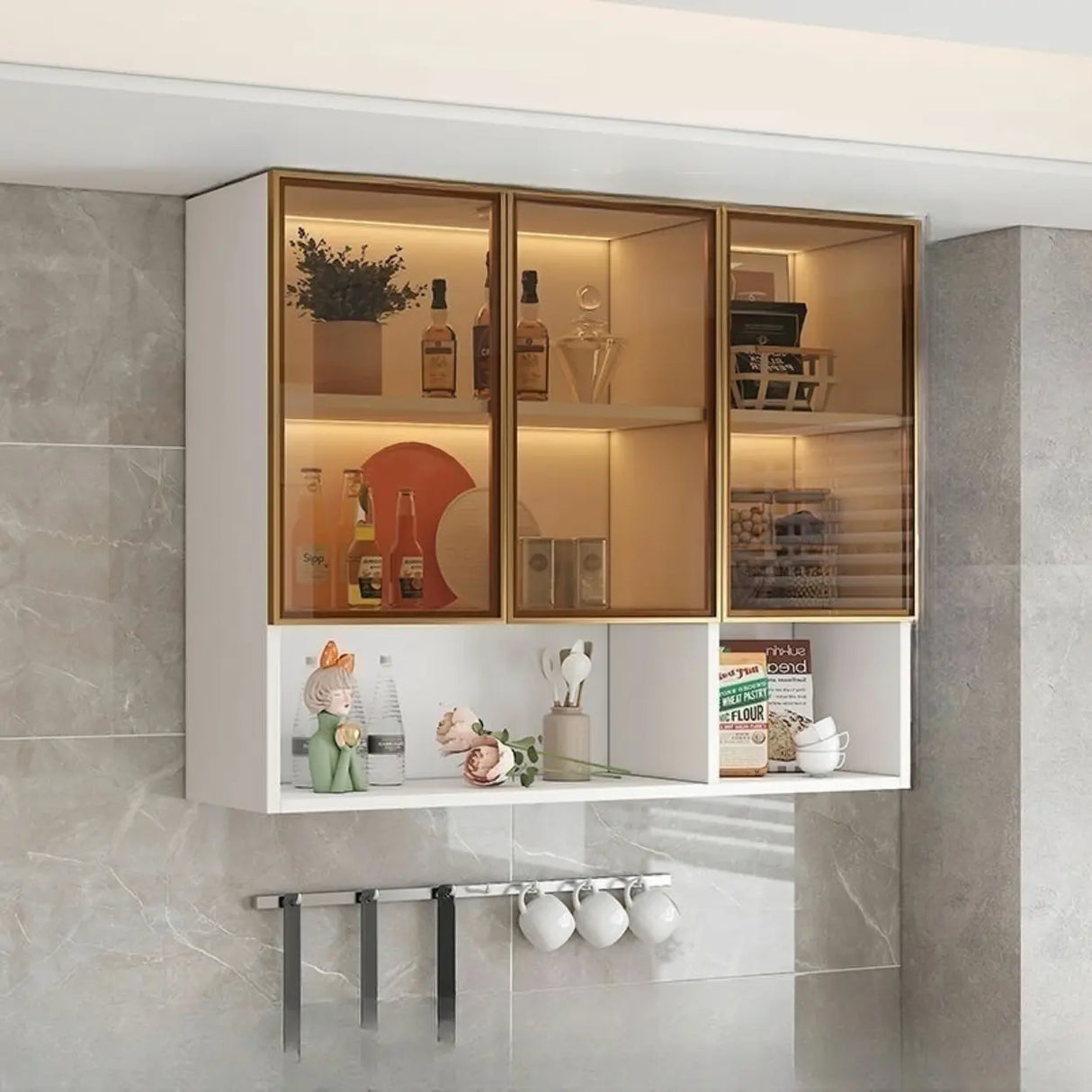 Black Wall Mounted Ribbed Glass Kitchen China Cabinet Image - 8