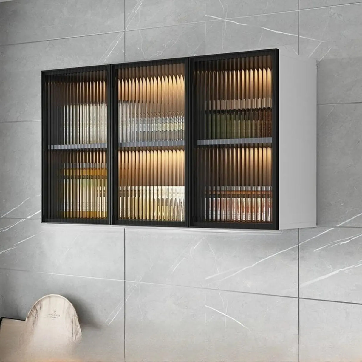 Black Wall Mounted Ribbed Glass Kitchen China Cabinet Image - 9