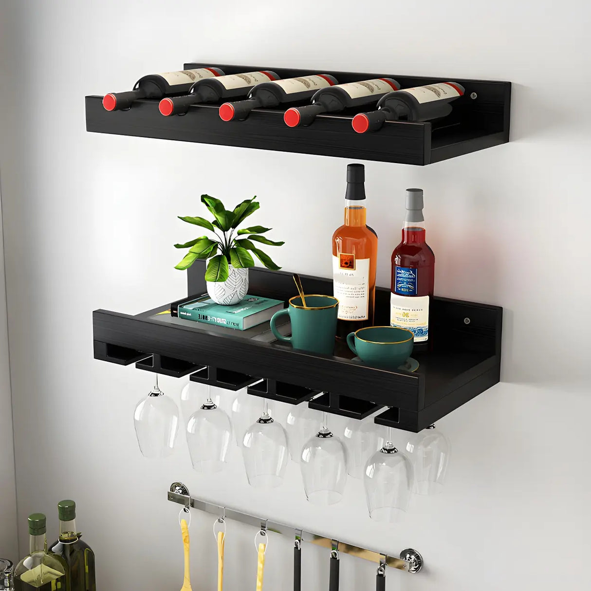 Black Wall-Mounted Wood Wine Rack Set with Glass Holder Image - 1