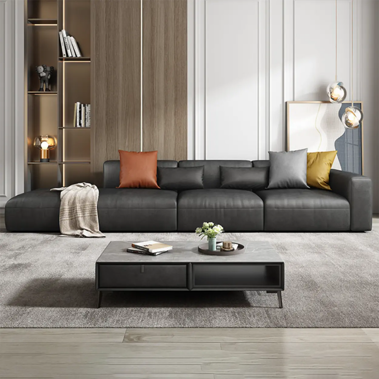 Black Water Resistant Cloth Square Arm Extra Long Sofa Image - 1