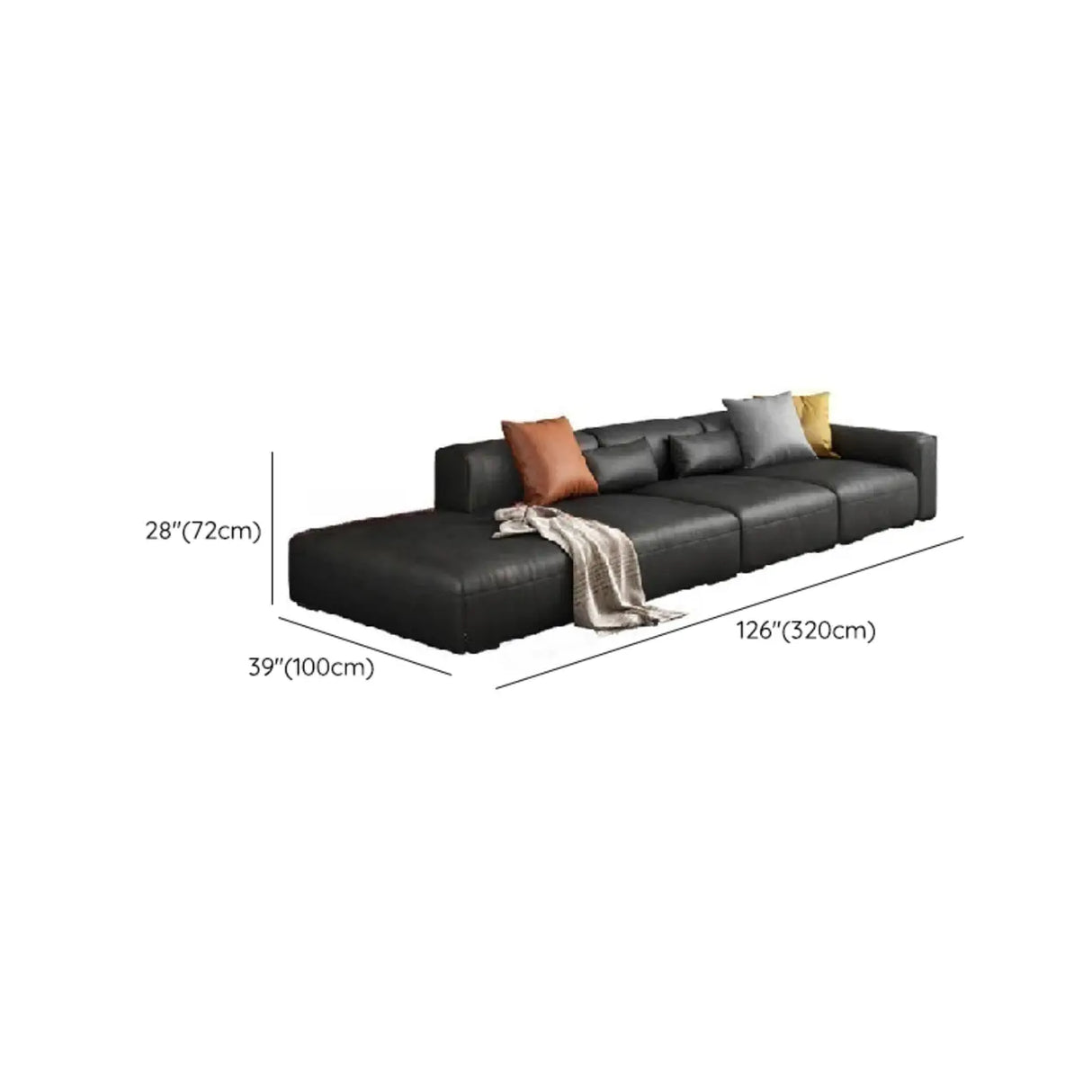 Black Water Resistant Cloth Square Arm Extra Long Sofa