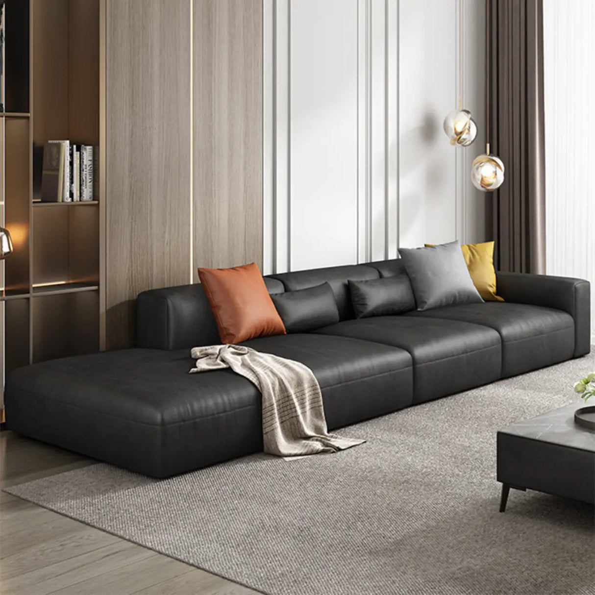 Black Water Resistant Cloth Square Arm Extra Long Sofa Image - 2