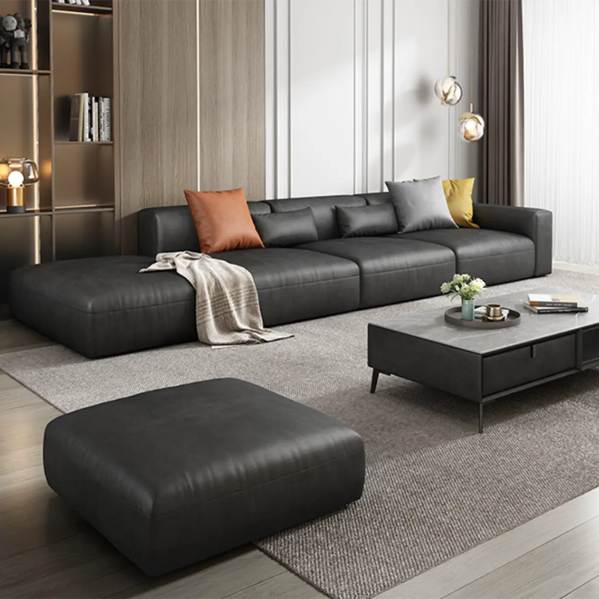 Black Water Resistant Cloth Square Arm Extra Long Sofa Image - 3