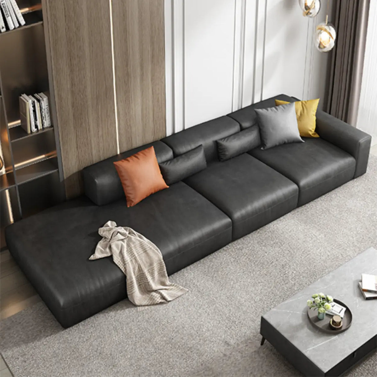 Black Water Resistant Cloth Square Arm Extra Long Sofa Image - 4