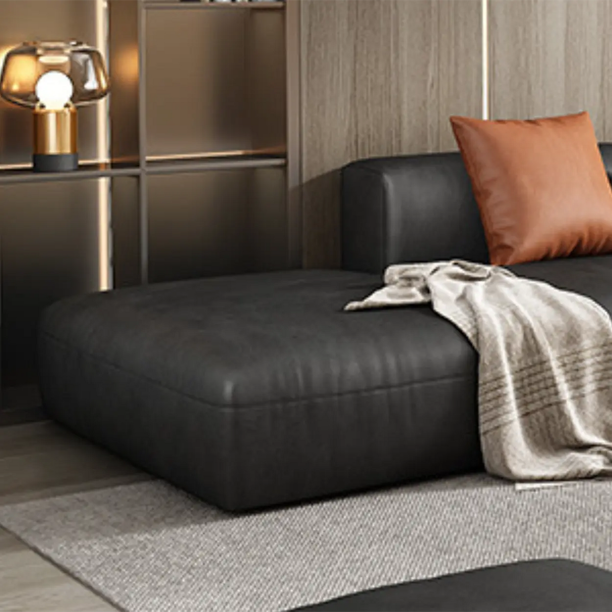 Black Water Resistant Cloth Square Arm Extra Long Sofa Image - 7