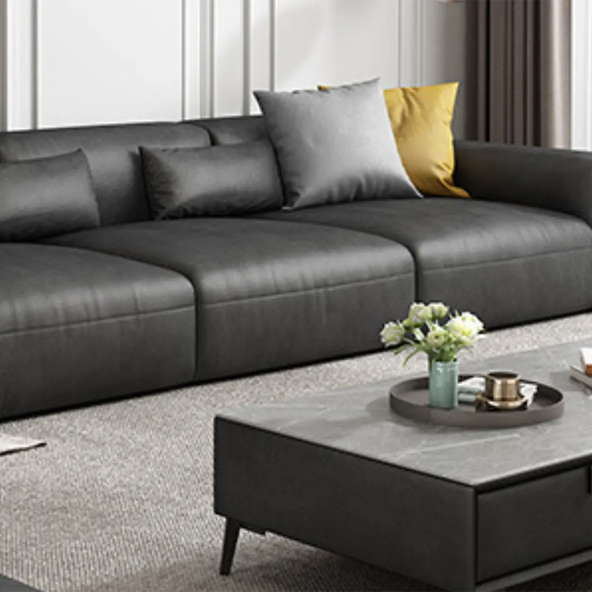 Black Water Resistant Cloth Square Arm Extra Long Sofa Image - 8