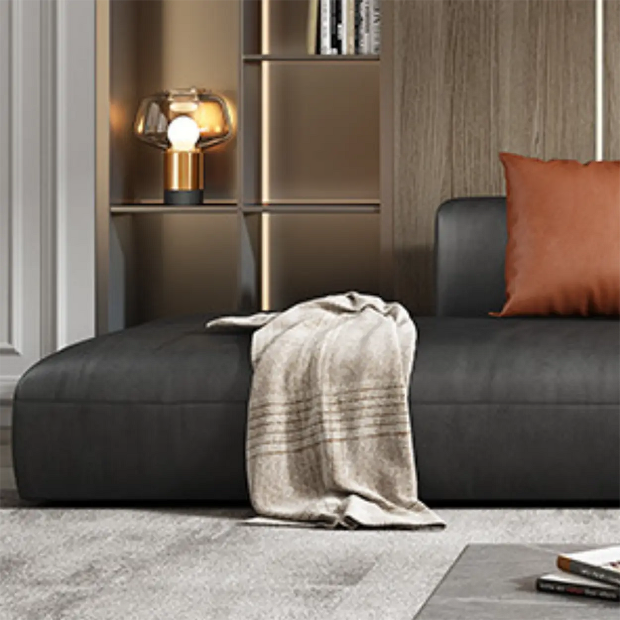 Black Water Resistant Cloth Square Arm Extra Long Sofa Image - 9