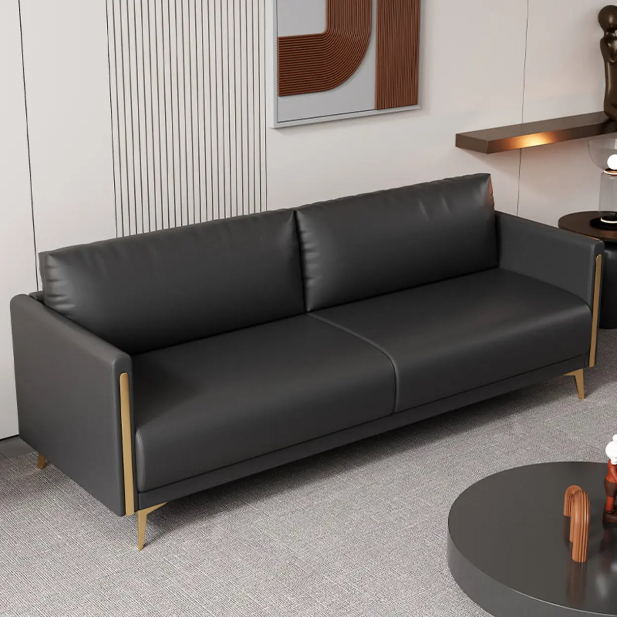 Black Water Resistant Leather Square Arm Standard Sofa Image - 2