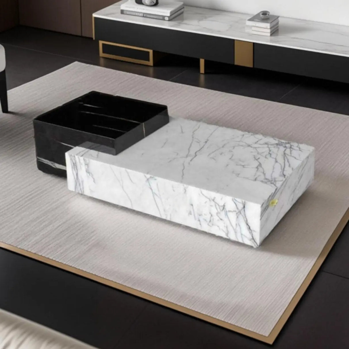 Black-White Marble Rectangular Block Base Coffee Table Image - 4