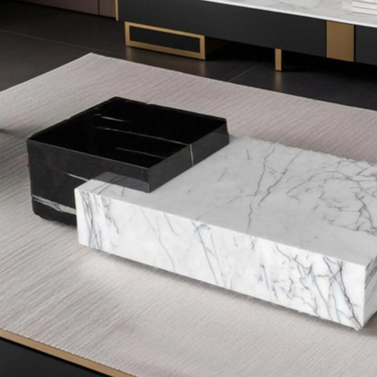 Black-White Marble Rectangular Block Base Coffee Table Image - 8