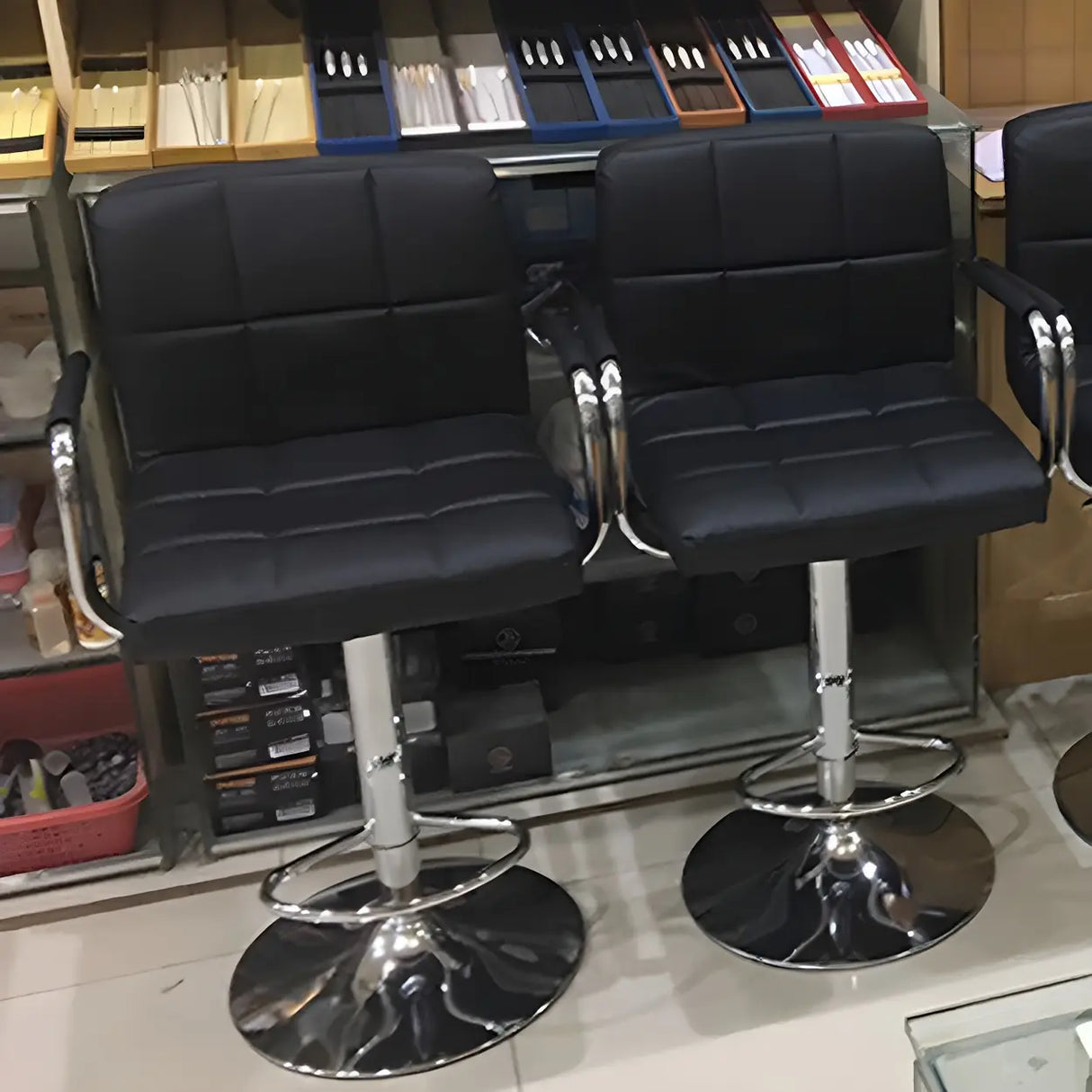 Black White Square Steel Adjustable Cushioned Bar Stool Image - 19