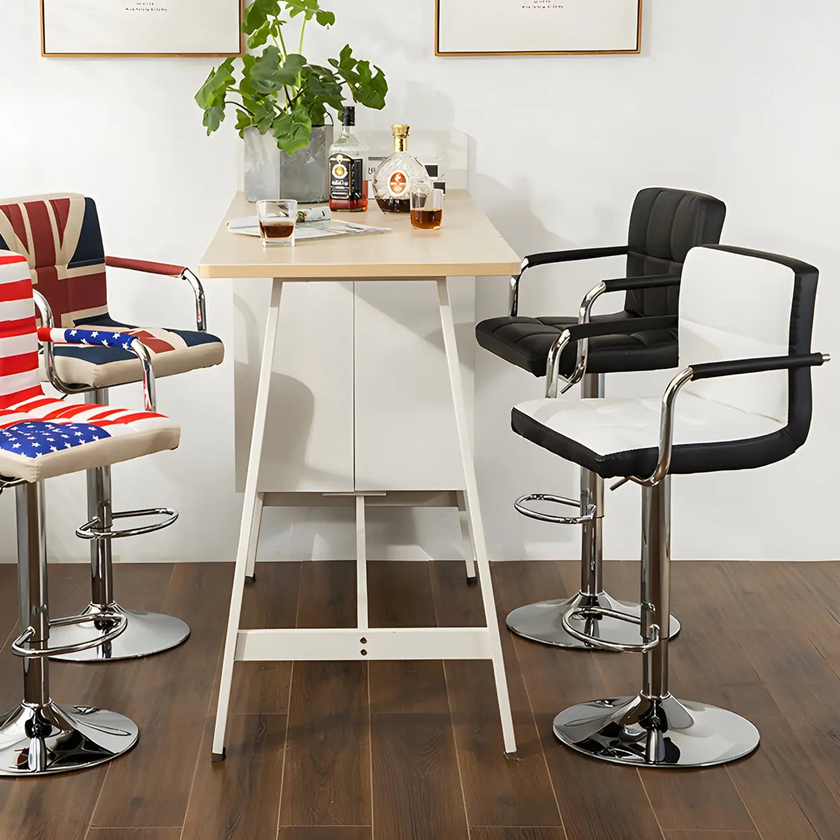 Black White Square Steel Adjustable Cushioned Bar Stool Image - 27