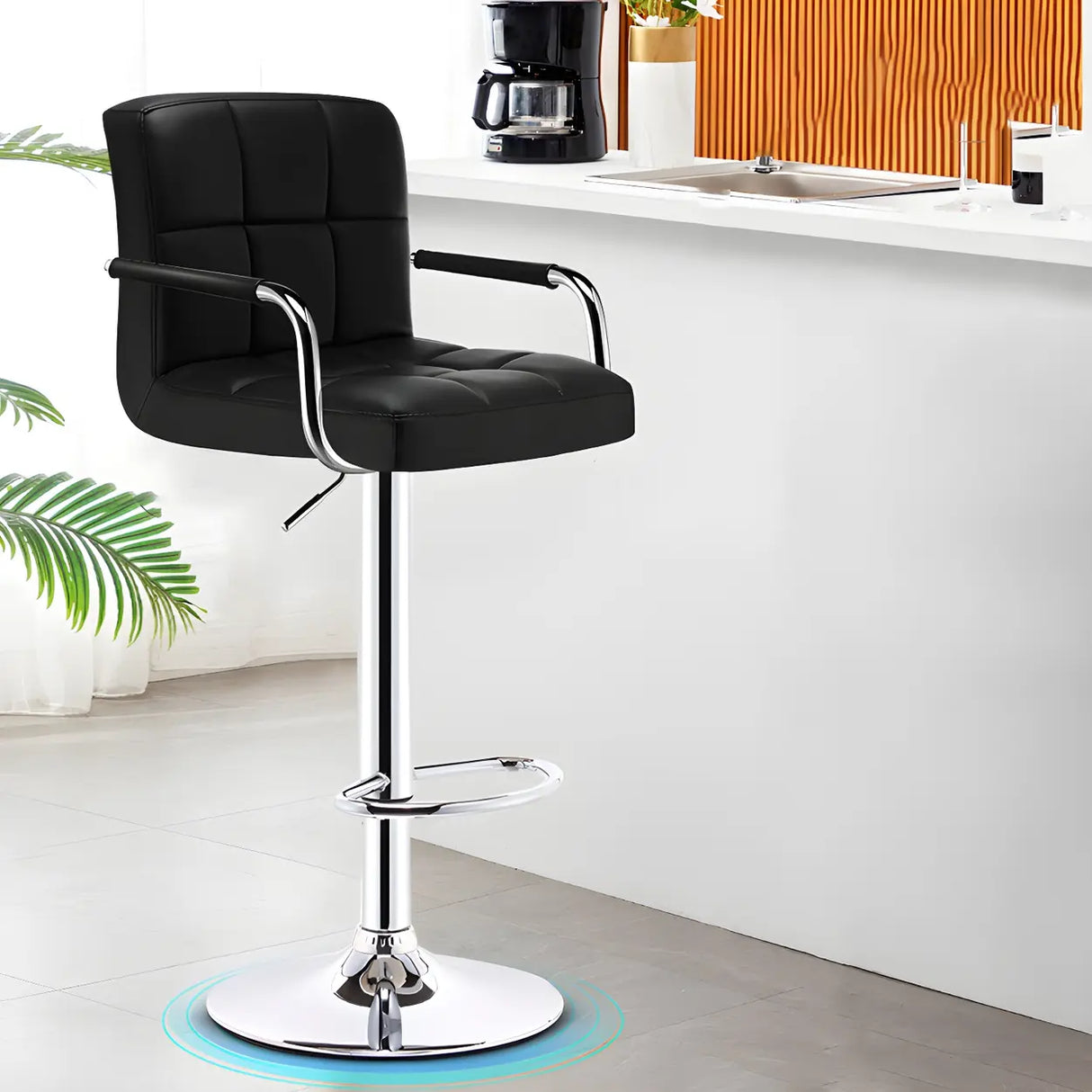 Black White Square Steel Adjustable Cushioned Bar Stool Image - 30