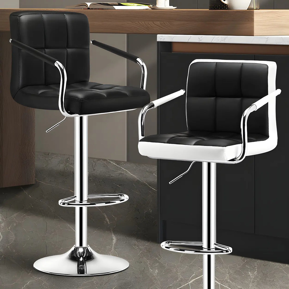 Black White Square Steel Adjustable Cushioned Bar Stool Image - 4