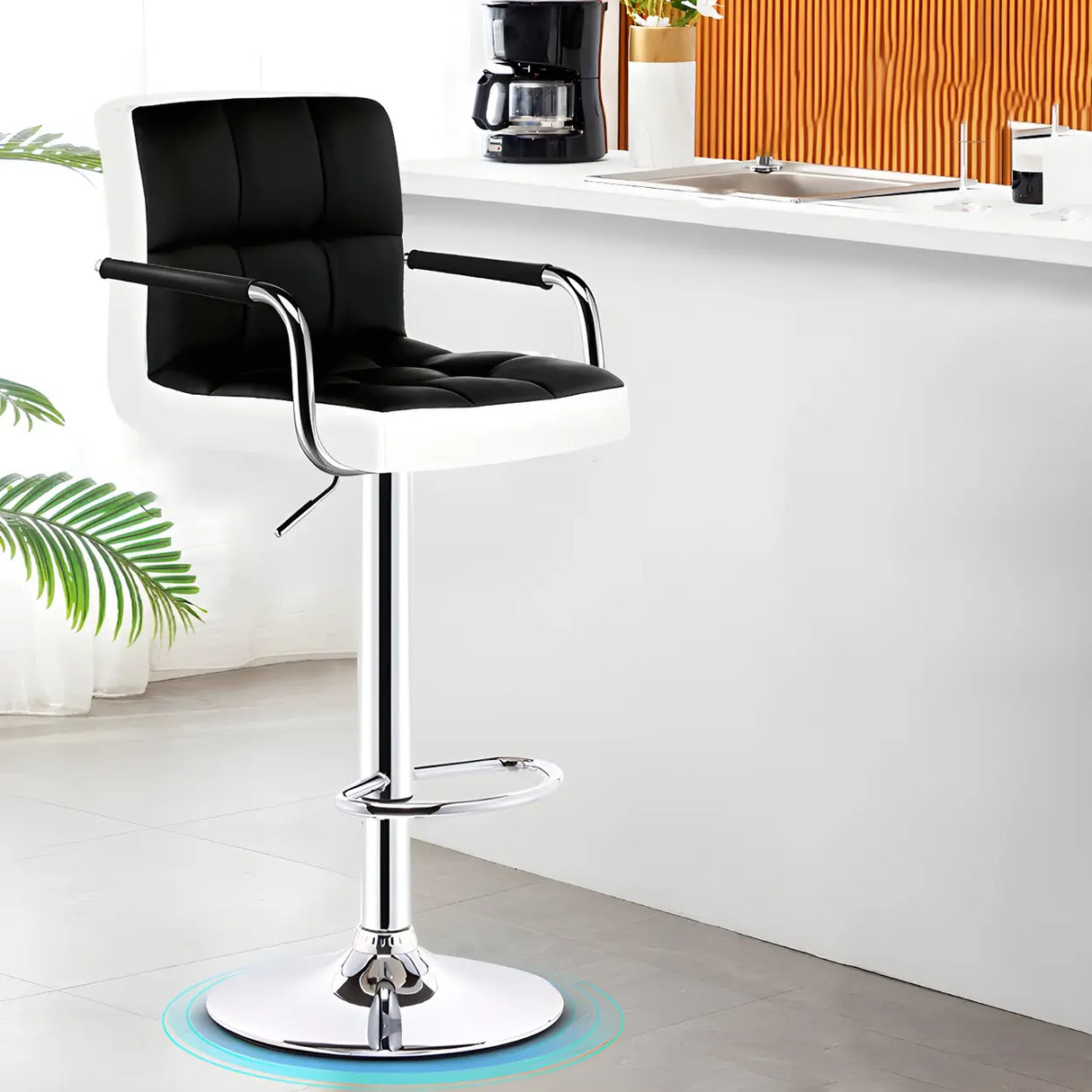 Black White Square Steel Adjustable Cushioned Bar Stool Image - 45