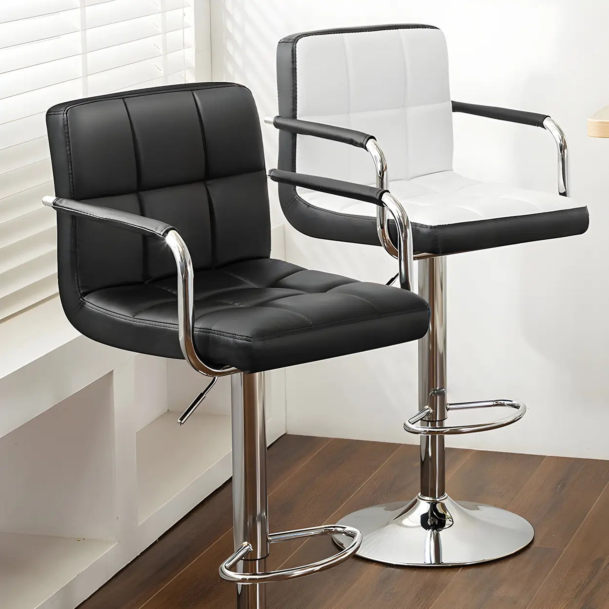 Black White Square Steel Adjustable Cushioned Bar Stool Image - 5
