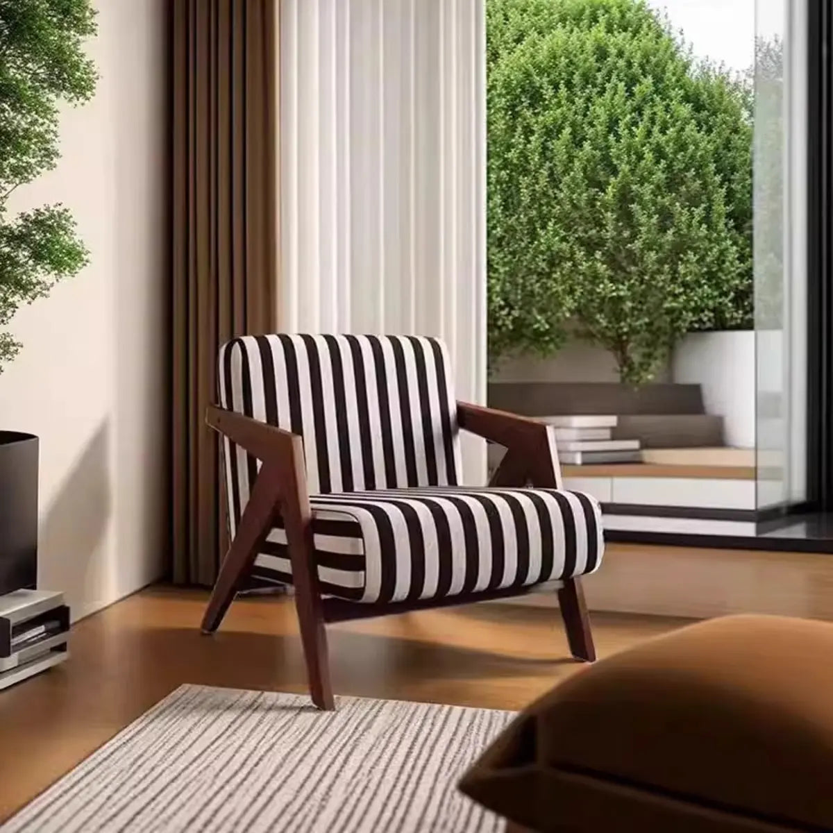 Black-White Stripe Jacquard Fabric Accent Chair Image - 4