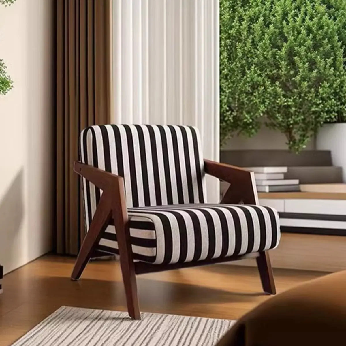 Black-White Stripe Jacquard Fabric Accent Chair Image - 8