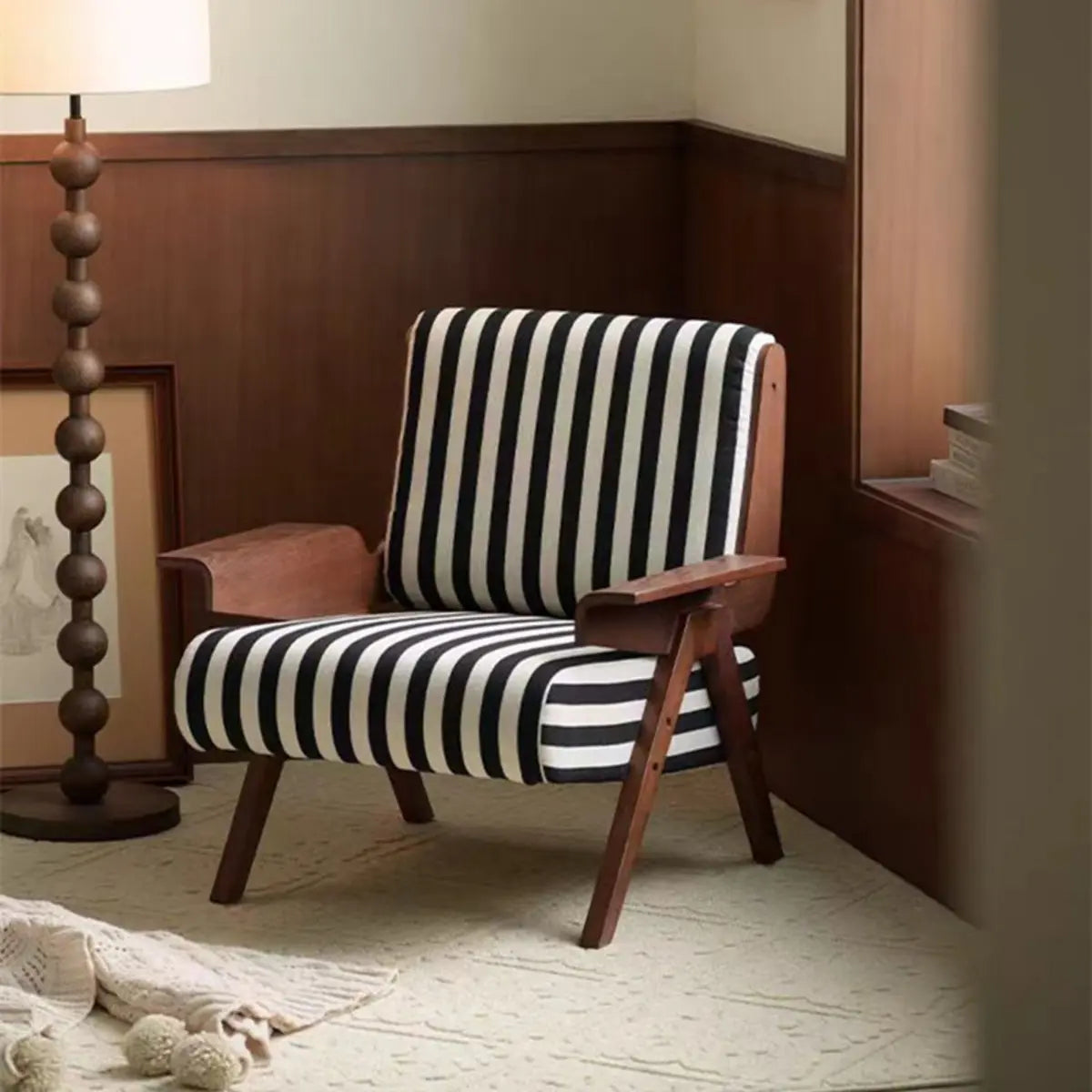 Black-White Striped Cotton Linen Fixed Back Arm Chair Image - 1