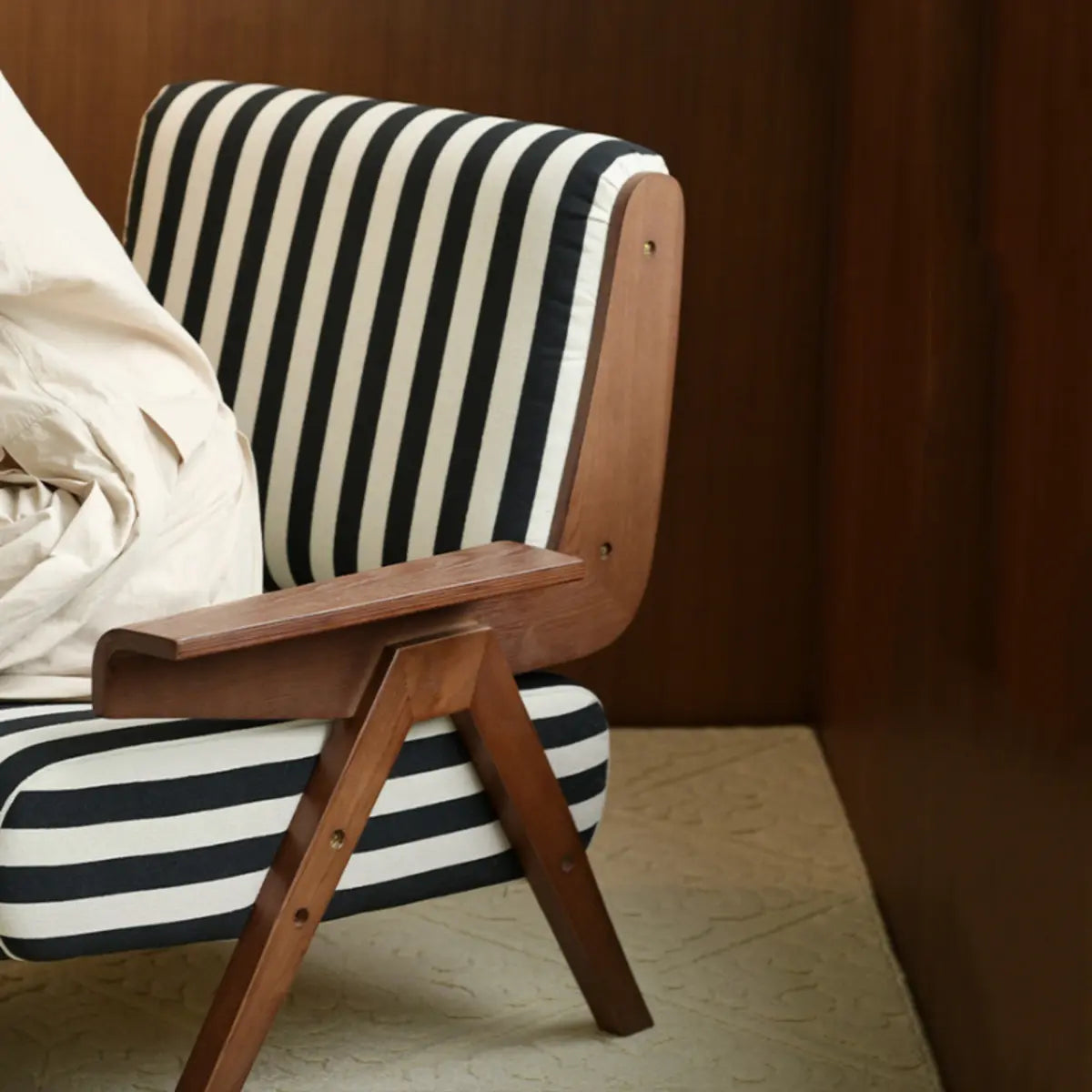 Black-White Striped Cotton Linen Fixed Back Arm Chair Image - 11