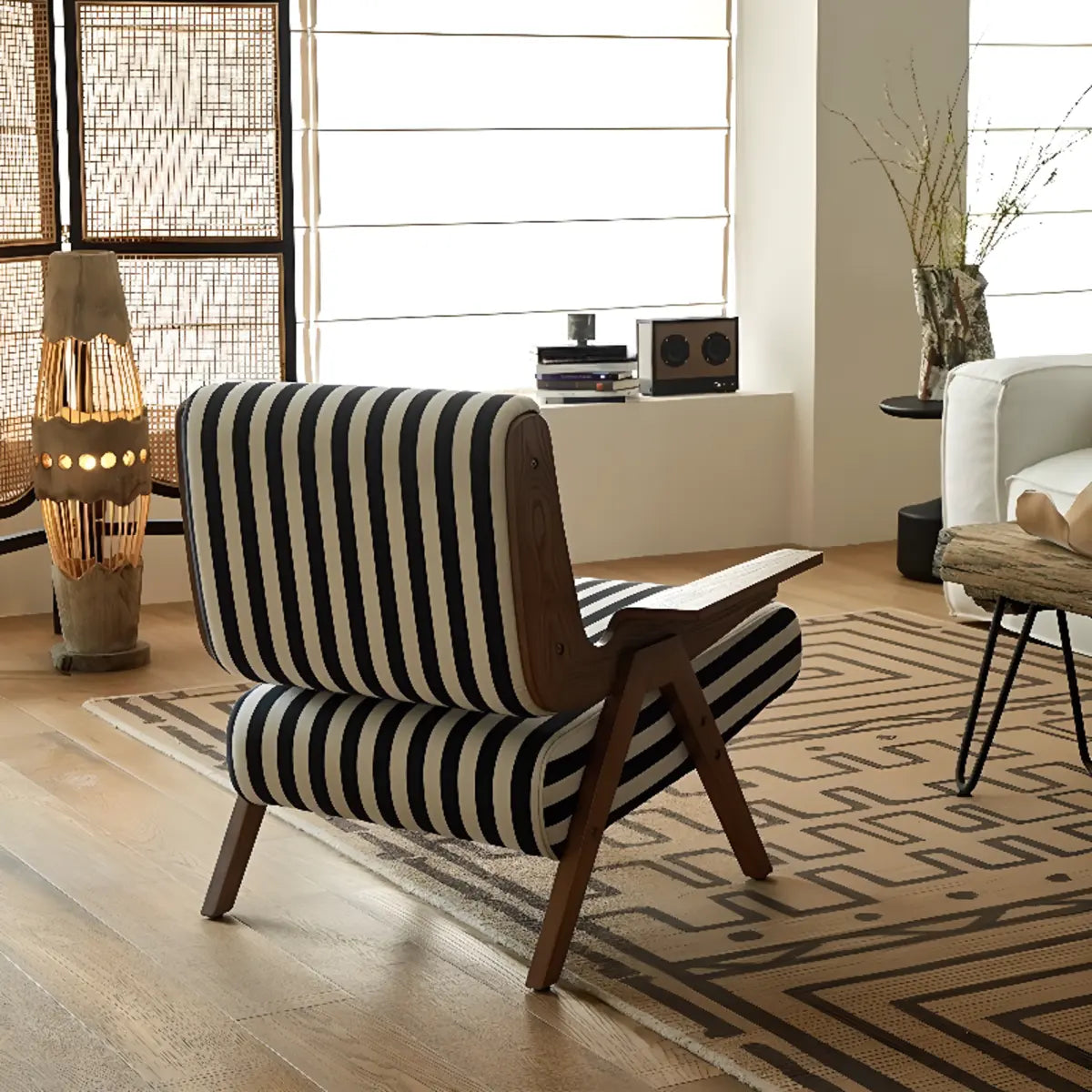 Black-White Striped Cotton Linen Fixed Back Arm Chair Image - 12
