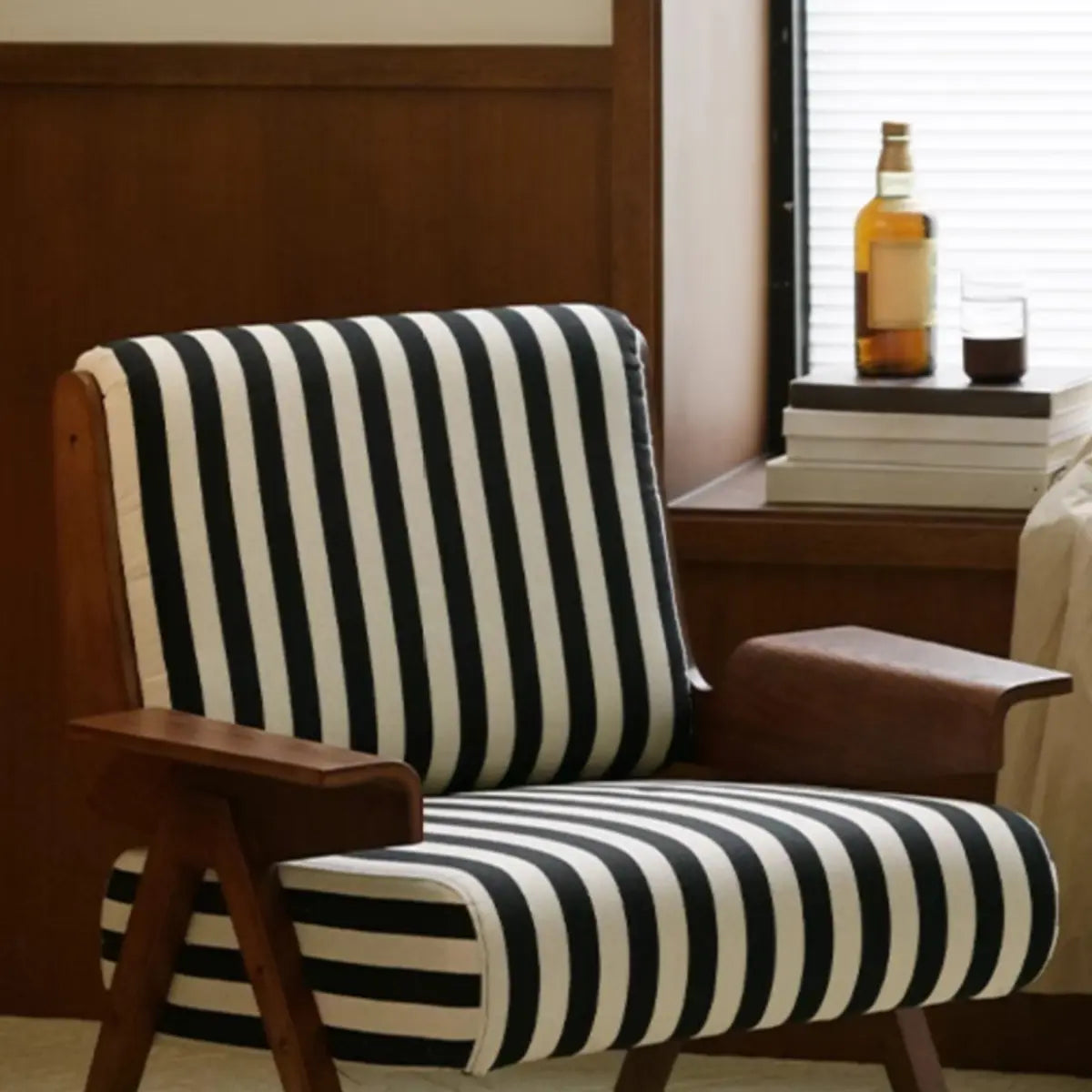 Black-White Striped Cotton Linen Fixed Back Arm Chair Image - 13