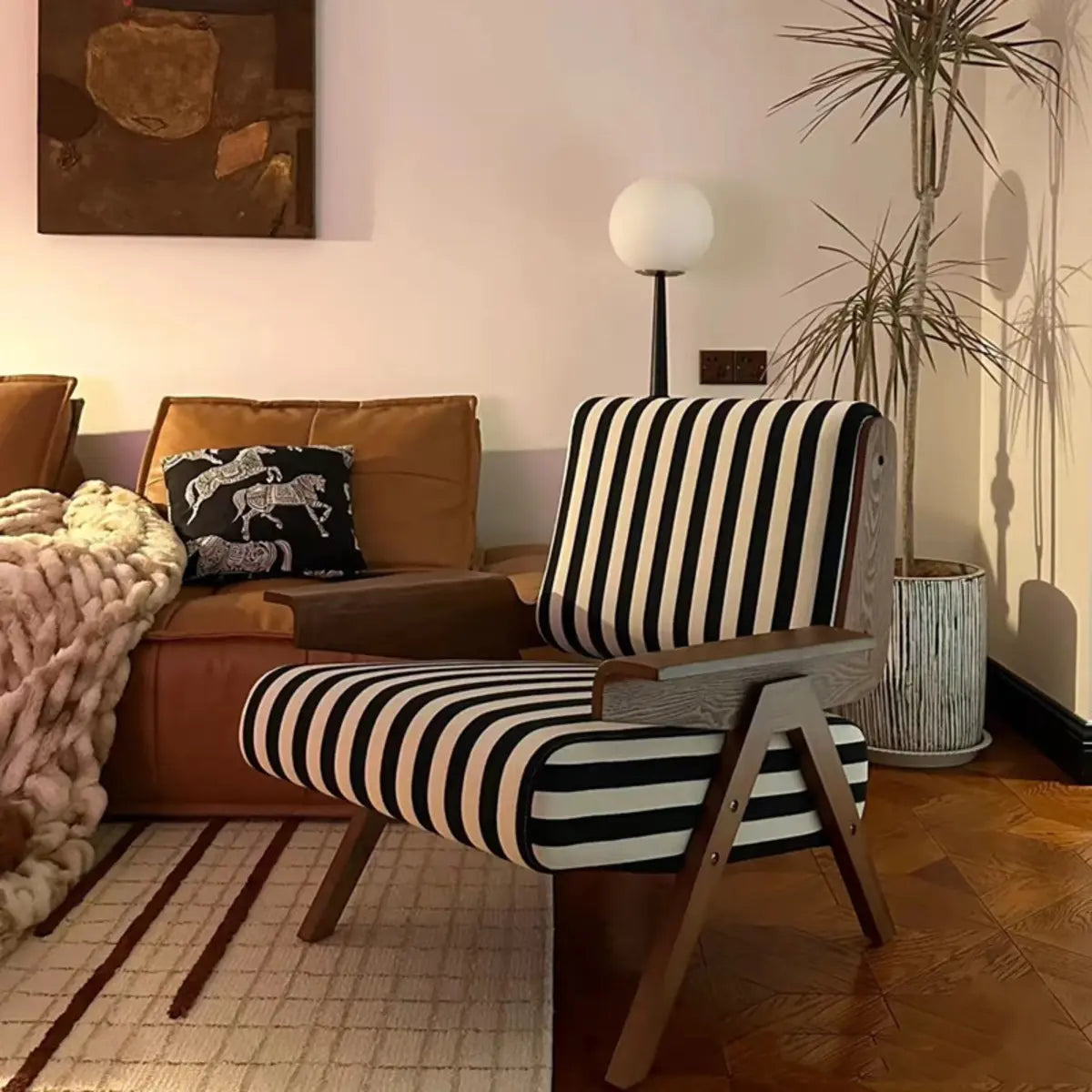 Black-White Striped Cotton Linen Fixed Back Arm Chair Image - 2