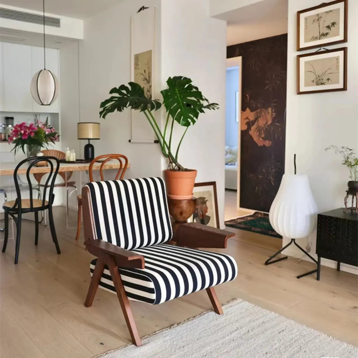 Black-White Striped Cotton Linen Fixed Back Arm Chair Image - 3