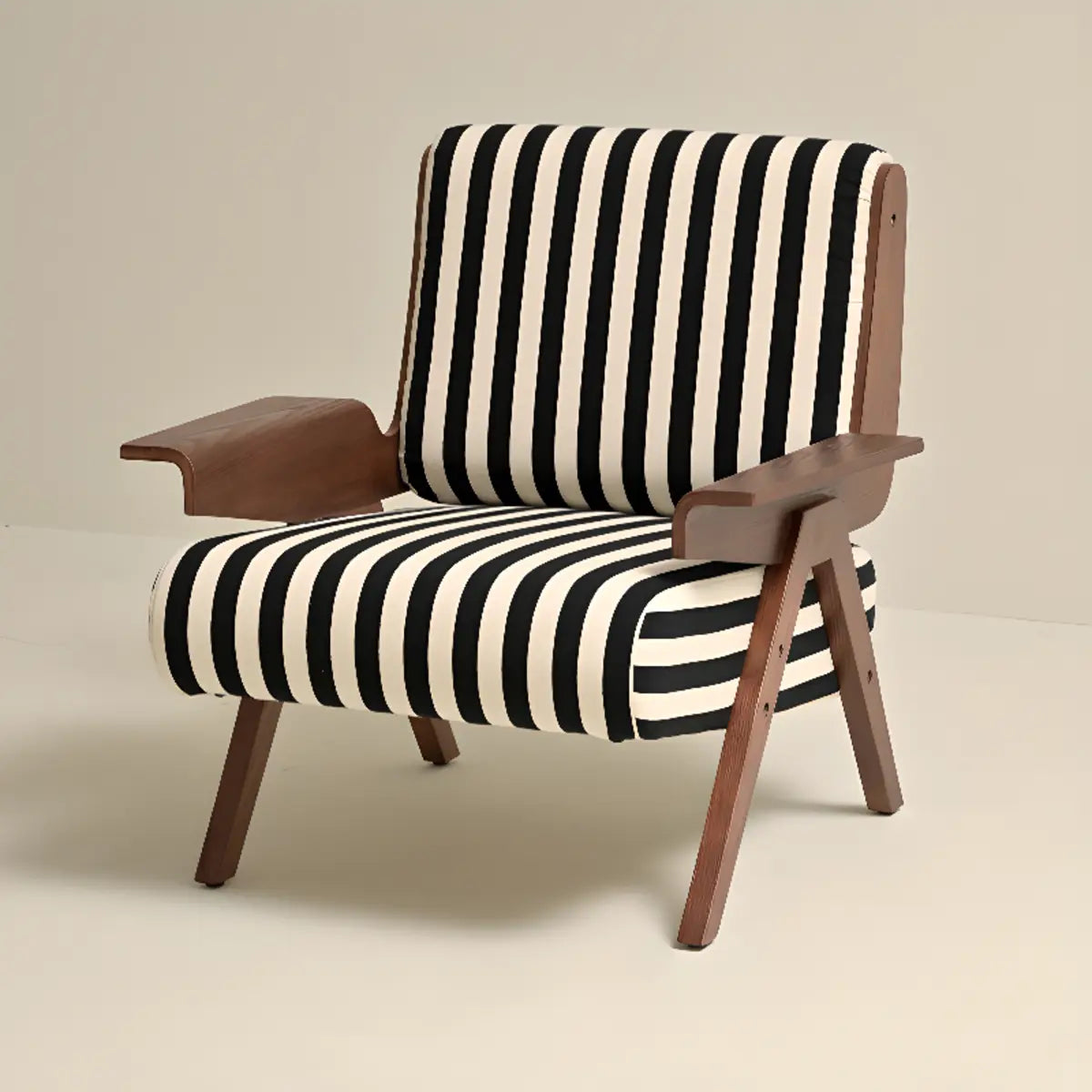 Black-White Striped Cotton Linen Fixed Back Arm Chair Image - 7