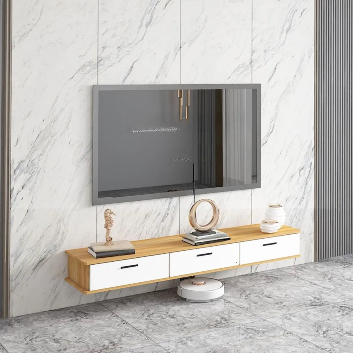 Black-White Wood Floating Mount TV Stand with Drawers Image - 10