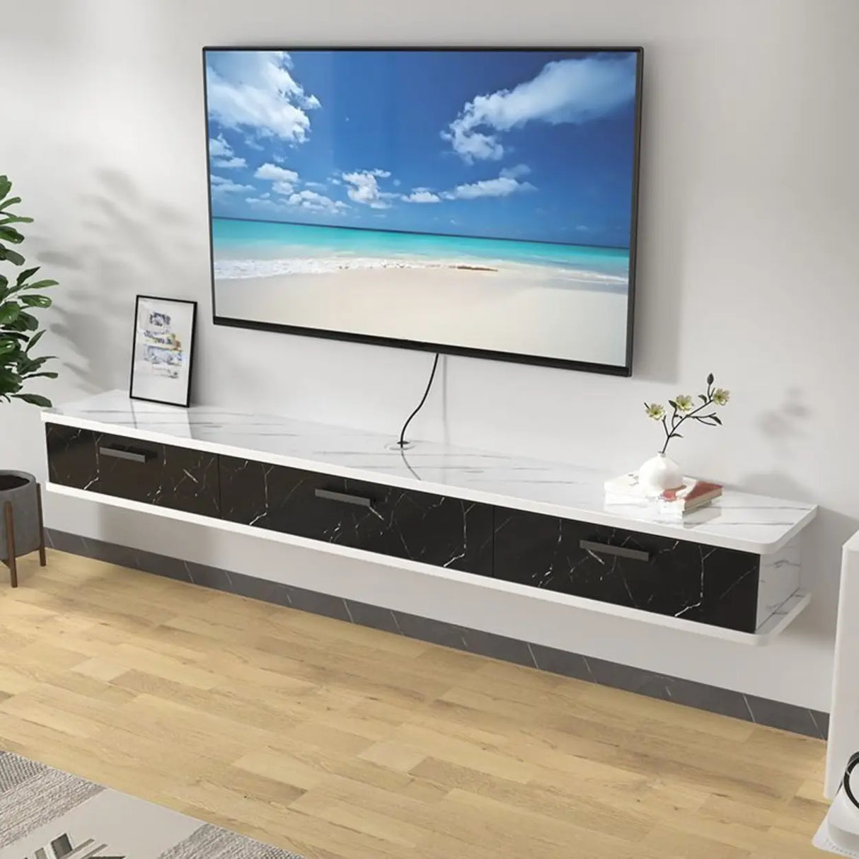 Black-White Wood Floating Mount TV Stand with Drawers Image - 11