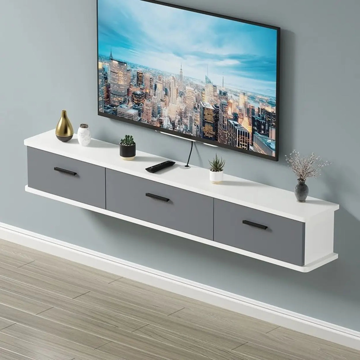 Black-White Wood Floating Mount TV Stand with Drawers Image - 12
